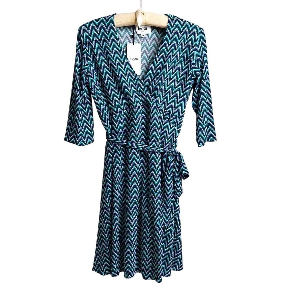 NEW Leota Women's SMALL Blue Chevron V-Neck Faux Wrap Dress Knee Length - CJ
